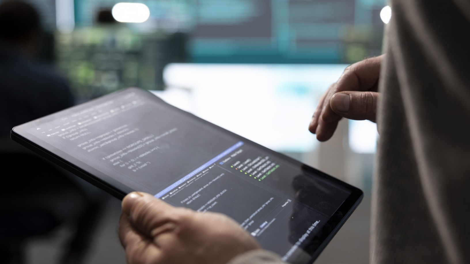 A person holding a tablet displaying lines of code or data, with a blurred background